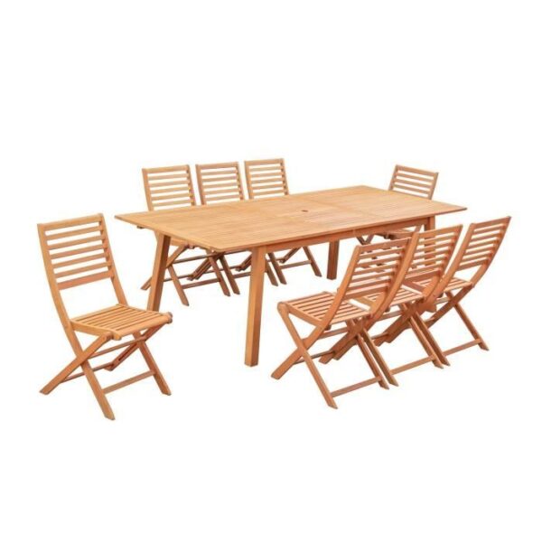 Ensemble repas de jardin extensible 6 a 8 personnes - table 180-240x100 cm extension papillon et 8 chaises pliantes - Eucalyptus