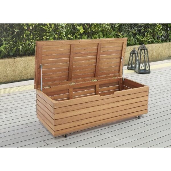 Coffre de rangement jardin en bois exotique d'eucalyptus FSC - 190 L - 48,5 x 109,5 x 37 cm - Avec roulettes -  Effet Teck