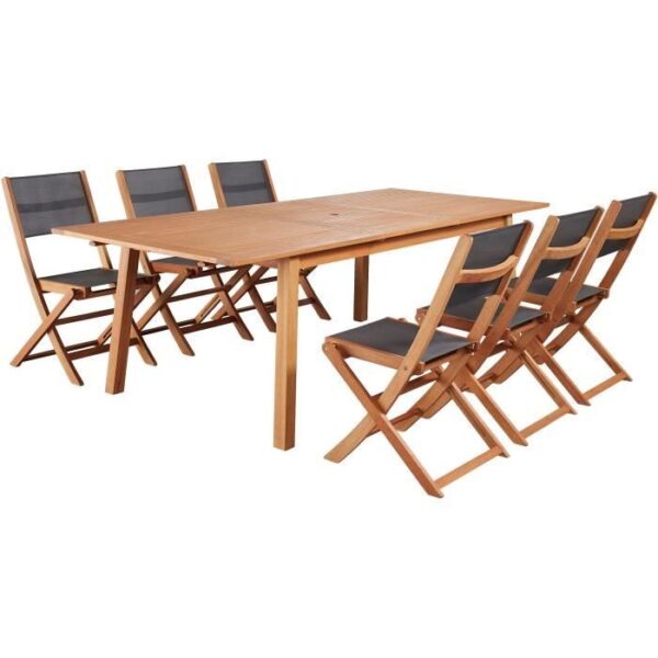 Ensemble repas de jardin 6 a 8 personnes - Table extensible 180/240 x 100 cm + 6 chaises assises textilene - Bois Eucalyptus FSC
