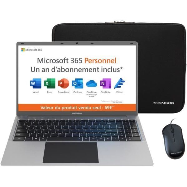 PC Portable Notebook - THOMSON NEO15 - 15,6 HD - N4020 - RAM 4Go - 128Go SSD - Windows 11S - Blanc + Office 1 an + Housse + Souris