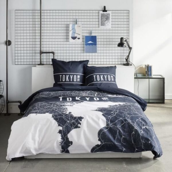 Parure de lit - TODAY - JAVA - 2 personnes - 240x220 cm - Coton - Imprimé Tokyo - Bleu foncé
