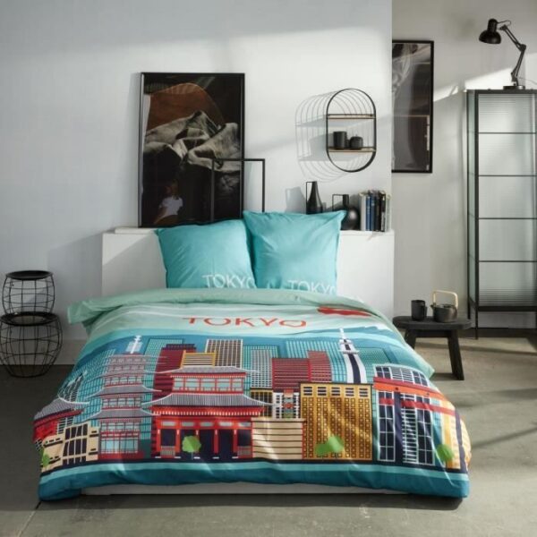 Parure de lit - TODAY - JAVA - 2 personnes - 240x220 cm - Coton - Imprimé Tokyo - Bleu