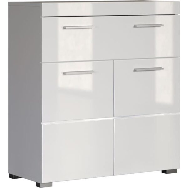 Meuble de salle de bain Rangement bas - 2 portes & 1 tiroir - Blanc - L 73 x P 31 x H 79 cm - AMANDA