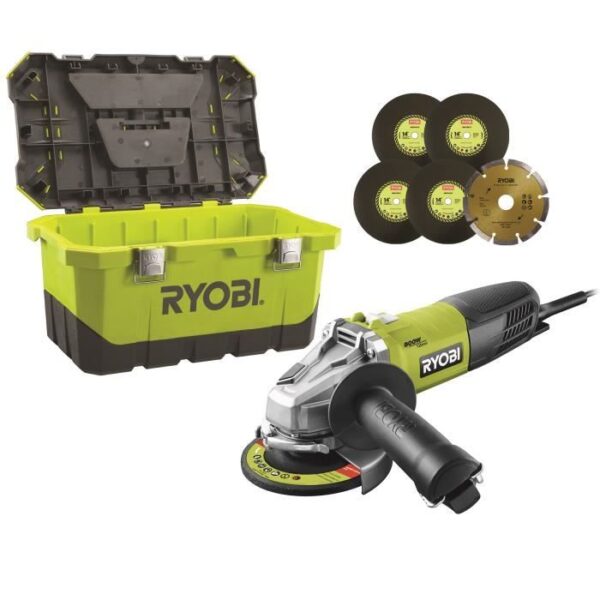RYOBI - Meuleuse d'angle 800 W 125mm -  protection anti-redémarrage + coffre, 5 disques a ébarber & 1 disque diamant - RAG800-125TA6