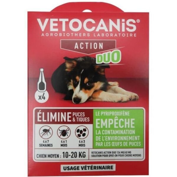 Pipettes - VETOCANIS - x4 Pipettes Anti-puces et tiques Duo 134mg/40mg pour Chiens Moyens