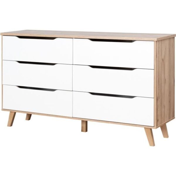 Commode 6 tiroirs - En panneaux de particules - Décor chene et blanc - Contemporain - L 154 x  P 42 x H 86 cm