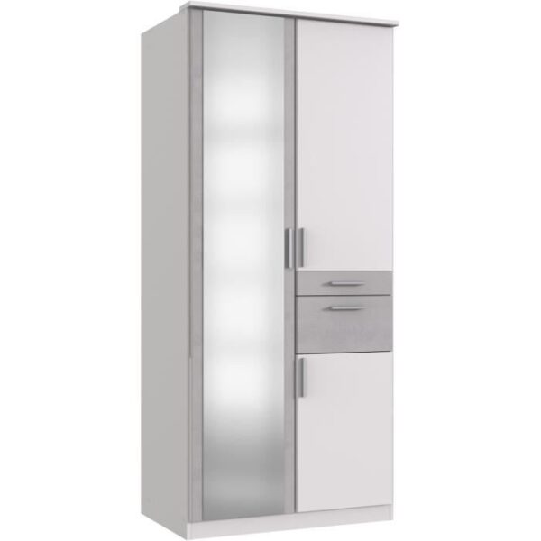 Armoire Décor Blanc & béton gris - 3 portes battantes - Miroir - 2 tiroirs - L90 x P58 x H199 cm - VOLOS