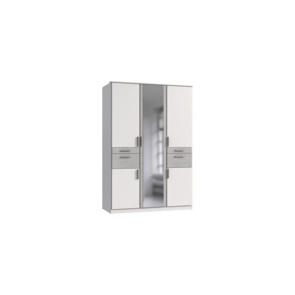 Armoire Décor Blanc & Gris béton - 5 portes battantes - Miroir - 4 tiroirs - L135 x P58 x H199 cm - VOLOS