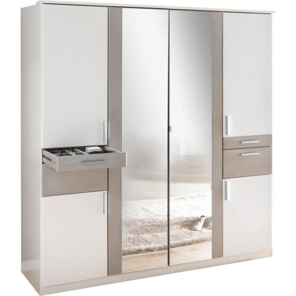 Armoire Décor Blanc & Gris béton - 6 portes battantes - Miroirs - 4 tiroirs - L180 x P58 x H199 cm - VOLOS