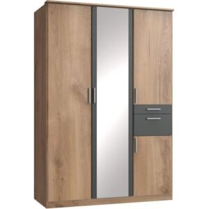 Armoire Décor Chene poutre & Graphite - 4 portes battantes - Miroir - 2 tiroirs - L135 x P58 x H199 cm - VOLOS